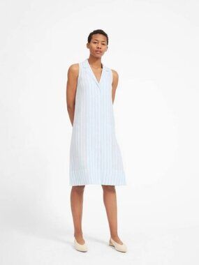 Everlane Women 4 The Linen Sleeveless Shirt Dress Blue White Stripe Nautical